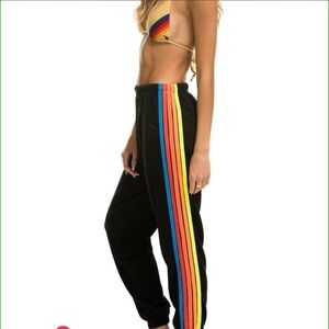 Aviator Nation Black Track Joggers with Rainbow Side Stripes